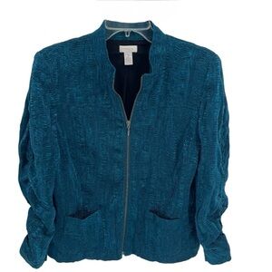Chico’s Jacket Long Sleeve Ruched Crinkle Fabric Blue Green Size 2 (large) Zip